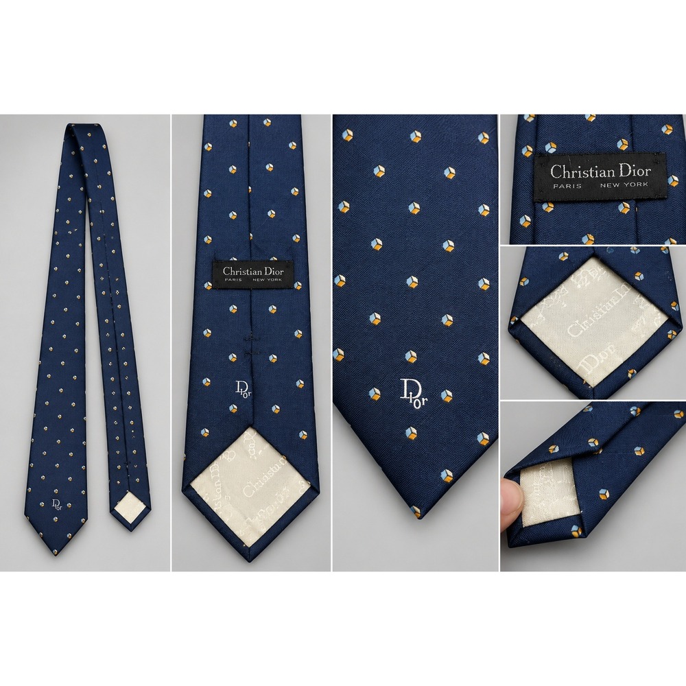 Vintage Christian Dior Paris New York Navy Geometric Dot Designer Mens Tie